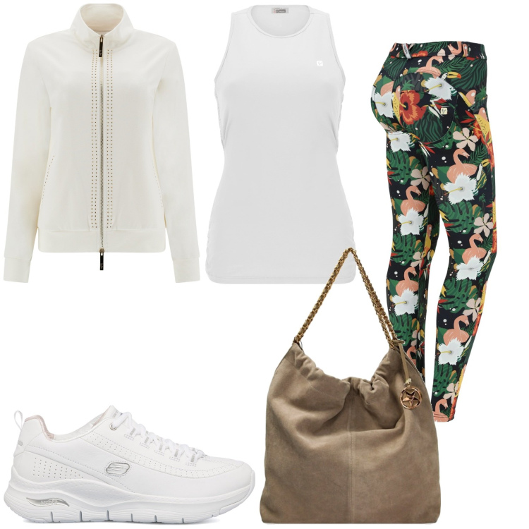 Outfit donna - In palestra fiorata. Stile Sporty chic per Sport. Abbinamento con pantaloni skinny, canottiere, felpe, borse a spalla, sneakers.