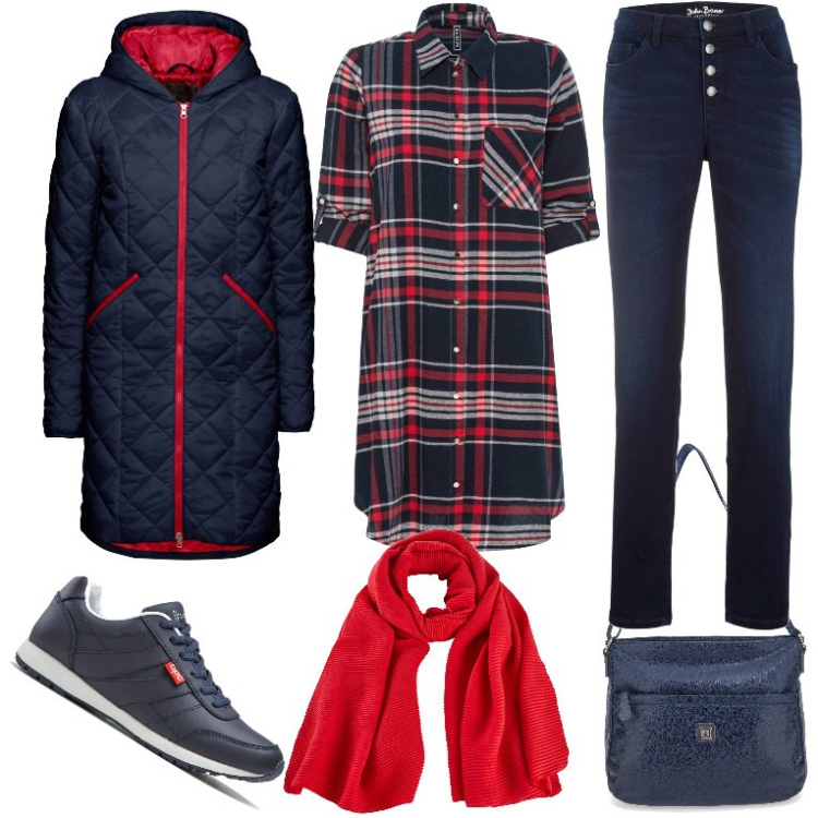 Outfit donna - Non solo nero - curvy. Stile Casual per Tutti i giorni. Abbinamento con vestiti chemisier, blazer, sneakers, jeans boyfriend, foulard, borse a tracolla.