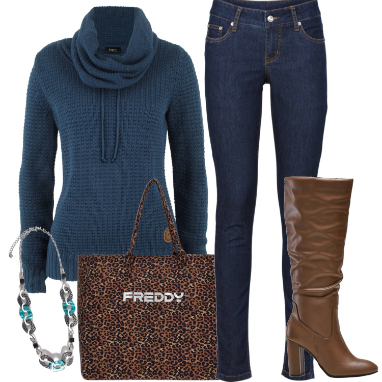 Outfit donna - Idee e spunti Bantoa. Stile Urban per Tutti i giorni. Abbinamento con maglieria, jeans skinny, stivali sopra il ginocchio, borse tote, collane.