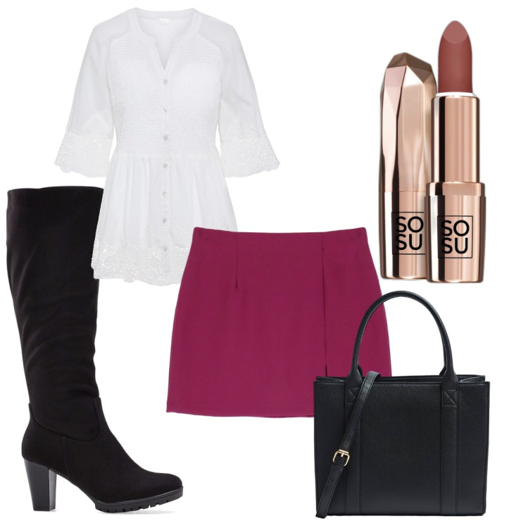Outfit donna - Total look #1770385. Stile Glamour per Tutti i giorni. Abbinamento con stivali, camicie, rossetti, shopping bag, minigonne.