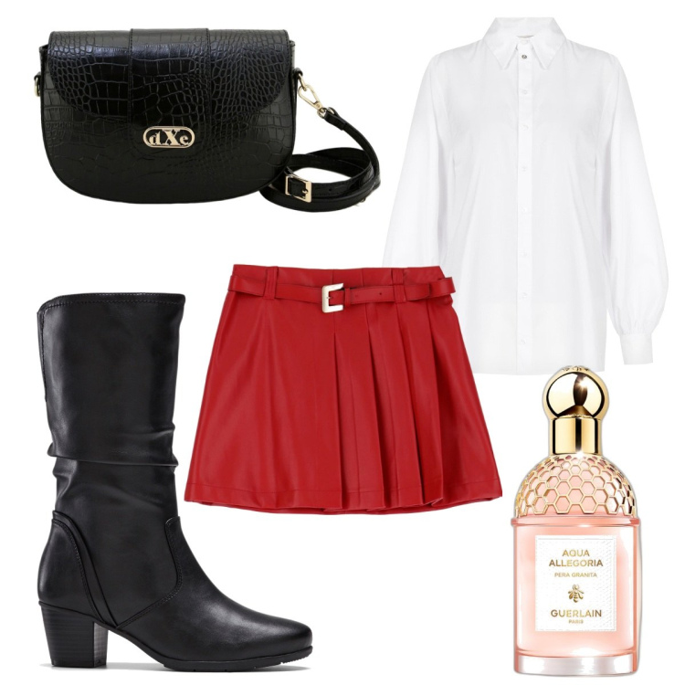 Outfit donna - Total look #1770386. Stile Glamour per Tutti i giorni. Abbinamento con stivali, profumi, camicie, minigonne, pochette.