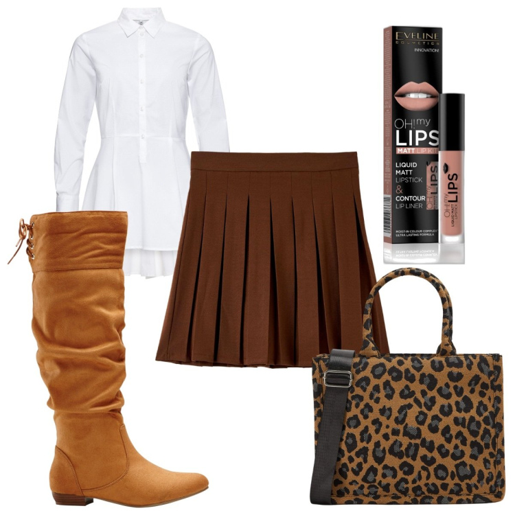 Outfit donna - Total look #1770389. Stile Trendy per Tutti i giorni. Abbinamento con camicie, stivali sopra il ginocchio, rossetti, shopping bag, minigonne.