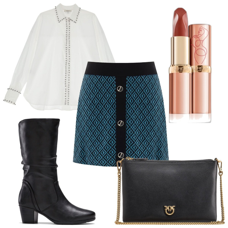 Outfit donna - Total look #1770392. Stile Trendy per Tutti i giorni. Abbinamento con stivali, rossetti, borse a tracolla, minigonne, camicie.