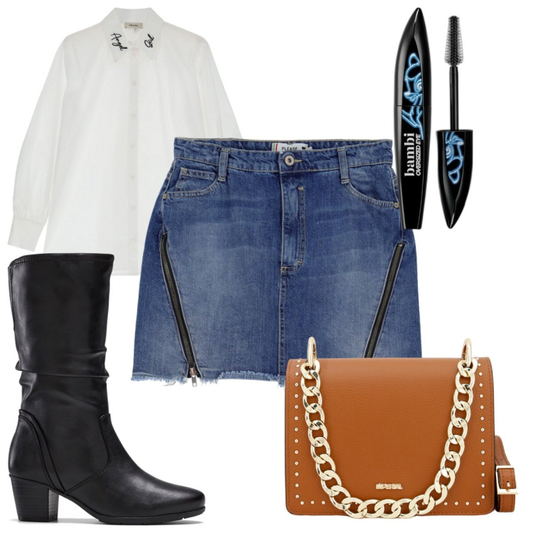 Outfit donna - Total look #1770397. Stile Trendy per Tutti i giorni. Abbinamento con stivali, mascara, minigonne, pochette, camicie.