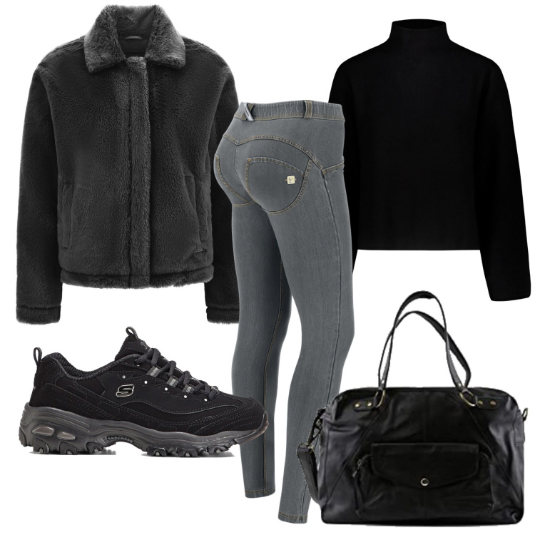 Outfit donna - Casual sportivo invernale. Stile Casual per Sport. Abbinamento con sneakers, cappotti, jeans skinny, maglieria, borse sportive.