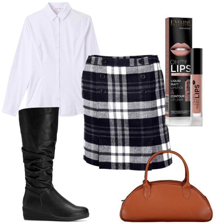 Outfit donna - Total look #1770432. Stile Trendy per Tutti i giorni. Abbinamento con stivali, minigonne, rossetti, camicie, borse a spalla.