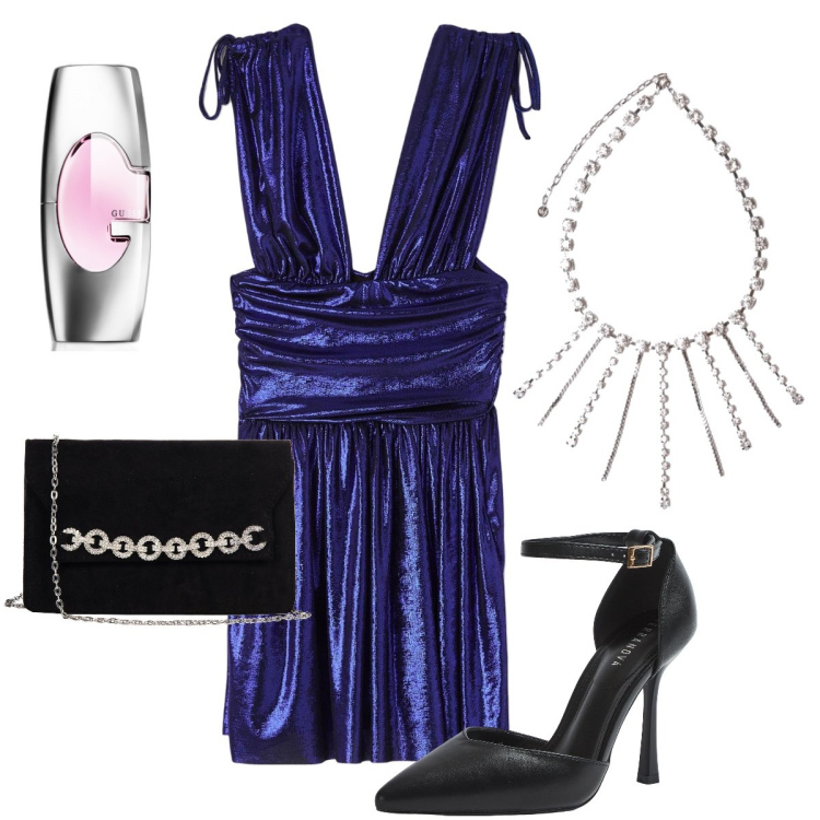 Outfit donna - Vestito laminato. Stile Glamour per Serata fuori. Abbinamento con profumi, vestiti senza maniche, décolleté, pochette, collane.