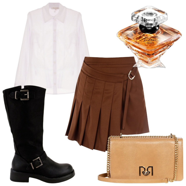 Outfit donna - Total look #1770438. Stile Trendy per Tutti i giorni. Abbinamento con profumi, camicie, minigonne, borse a tracolla, stivali.