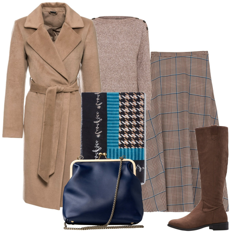 Outfit donna - In città. Stile Casual chic per Tutti i giorni. Abbinamento con maglieria, stivali, cappotti, gonne longuette, foulard, clutch.
