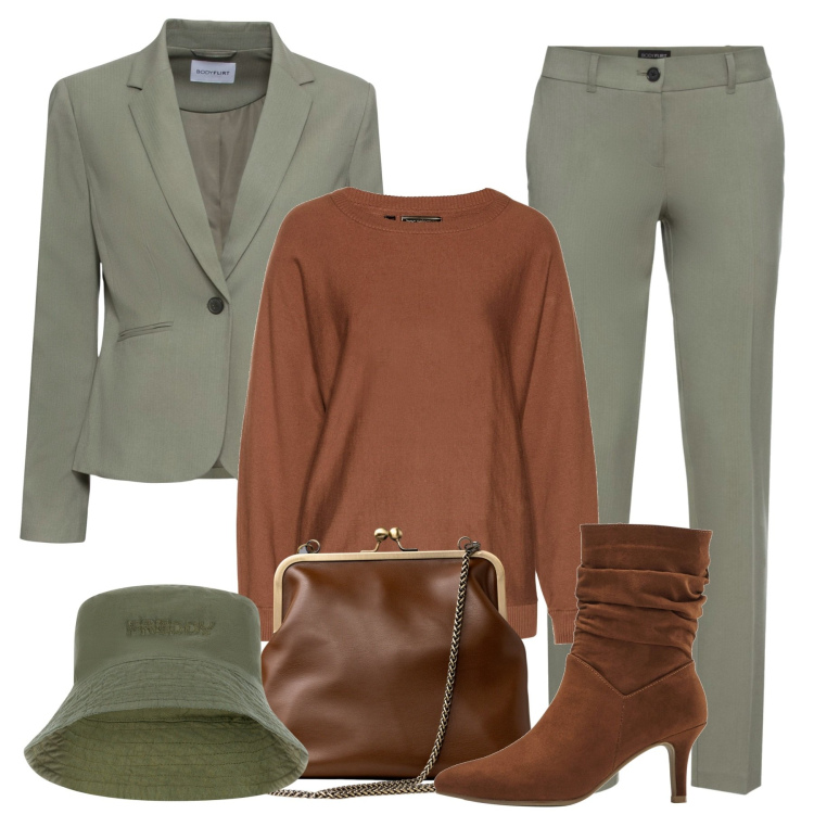 Outfit donna - In città. Stile Casual chic per Tutti i giorni. Abbinamento con pantaloni, maglieria, blazer, stivaletti, cappelli, clutch.
