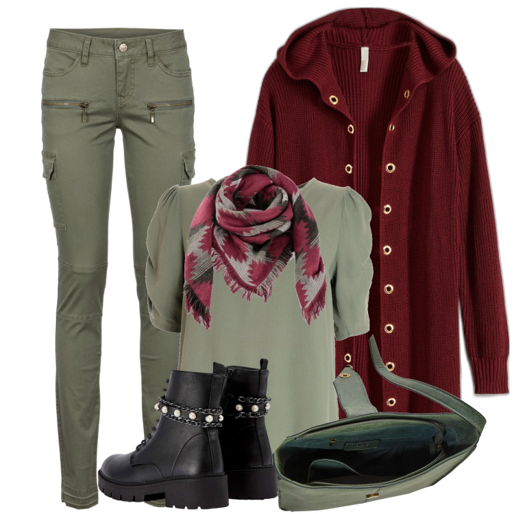 Outfit donna - In città. Stile Casual chic per Tutti i giorni. Abbinamento con pantaloni cargo, cardigans, borse a tracolla, foulard, anfibi, bluse.