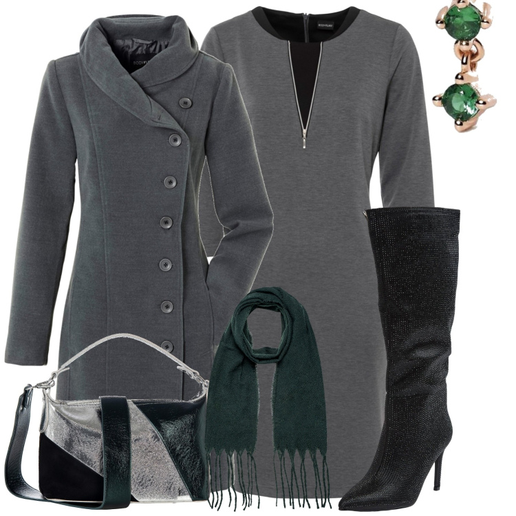 Outfit donna - City. Stile Casual chic per Tutti i giorni. Abbinamento con cappotti, vestiti, stivali sopra il ginocchio, orecchini, borse a mano, sciarpe.