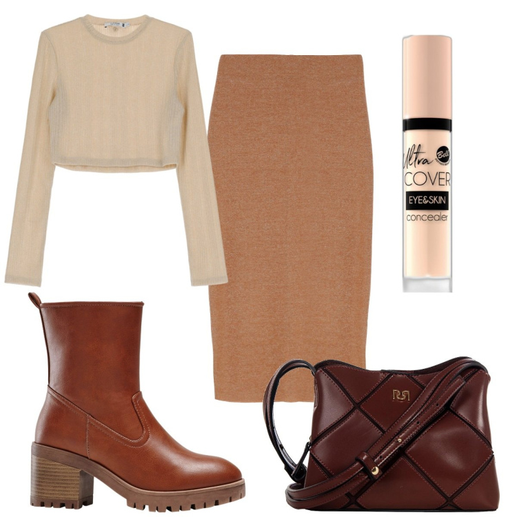 Outfit donna - Total look #1770469. Stile Trendy per Tutti i giorni. Abbinamento con stivaletti, correttori, borse a spalla, top, gonne longuette.