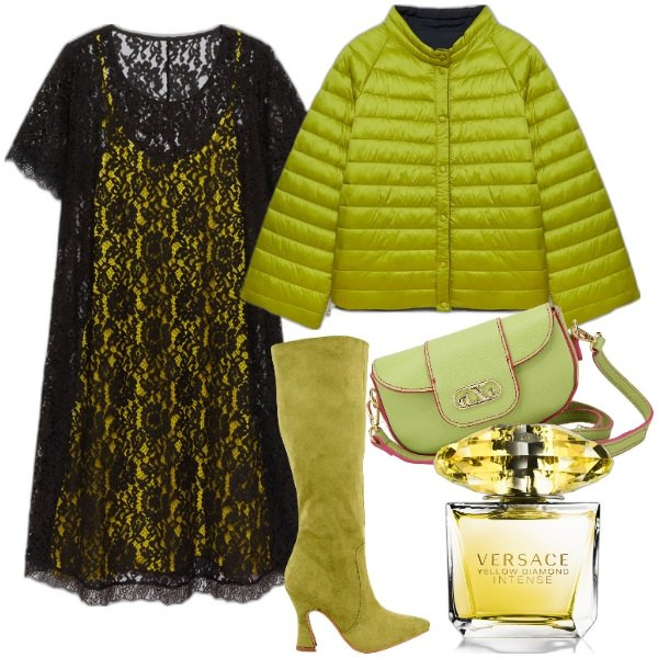 Outfit donna - Serata curvy. Stile Glamour per Serata fuori. Abbinamento con profumi, stivali, pochette, vestiti, cappotti.