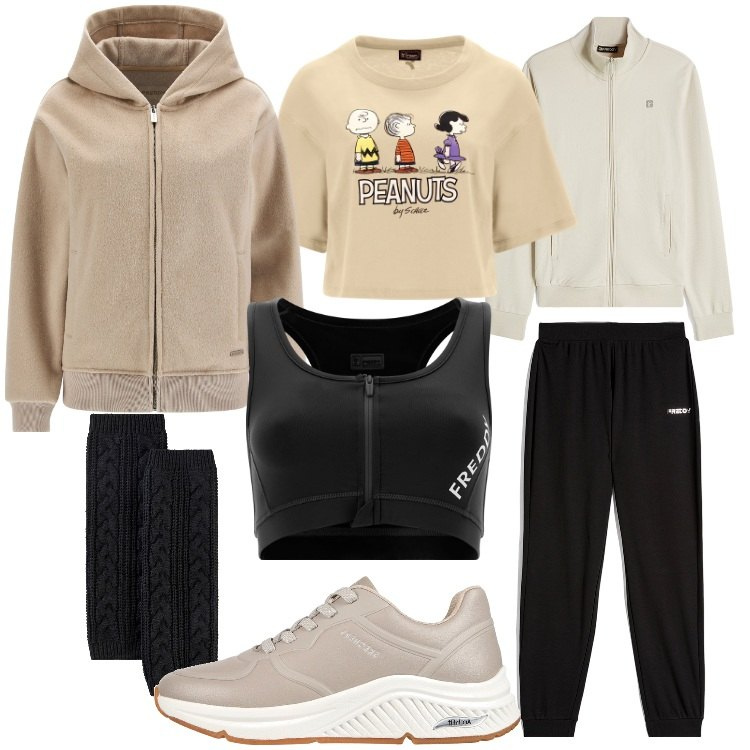 Outfit donna - Un look ideale per recarsi in palestra. Stile Casual per Sport. Abbinamento con calzini, t-shirt, tute sportive, blazer, reggiseni, sneakers.