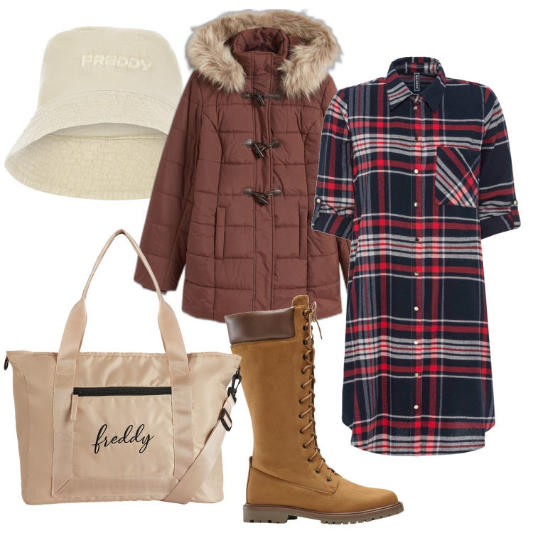 Outfit donna - Kiwi. Stile Basic per Tutti i giorni. Abbinamento con vestiti chemisier, piumini, stivali sopra il ginocchio, cappelli, borse tote.