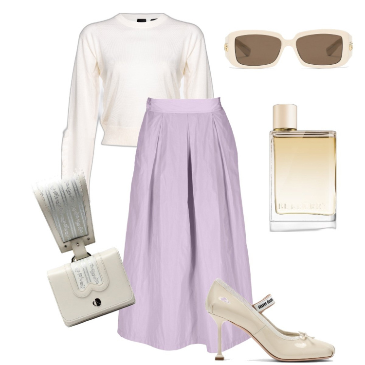 Outfit donna - La gonna lilla. Stile Bon Ton per Tutti i giorni. Abbinamento con profumi, pullovers, gonne, décolleté, borse a mano, occhiali da sole.