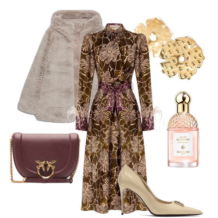 Outfit donna - Effetto pelliccia. Stile Bon Ton per Cerimonia. Abbinamento con profumi, borse a tracolla, vestiti chemisier, piumini, orecchini, scarpe col tacco.