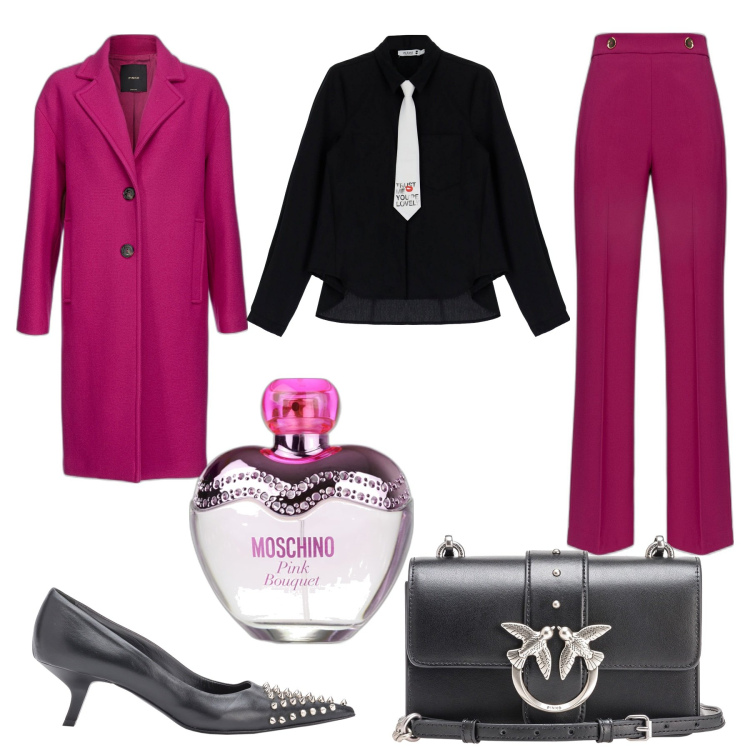 Outfit donna - Contrasti. Stile Bon Ton per Serata fuori. Abbinamento con profumi, pantaloni, cappotti, borse a tracolla, décolleté, camicie.