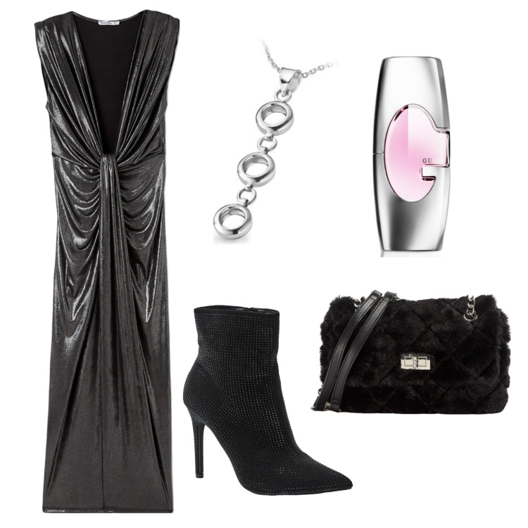 Outfit donna - Vestito lungo e sexy. Stile Sexy per Serata fuori. Abbinamento con profumi, vestiti lunghi, borse a spalla, stivaletti, collane.
