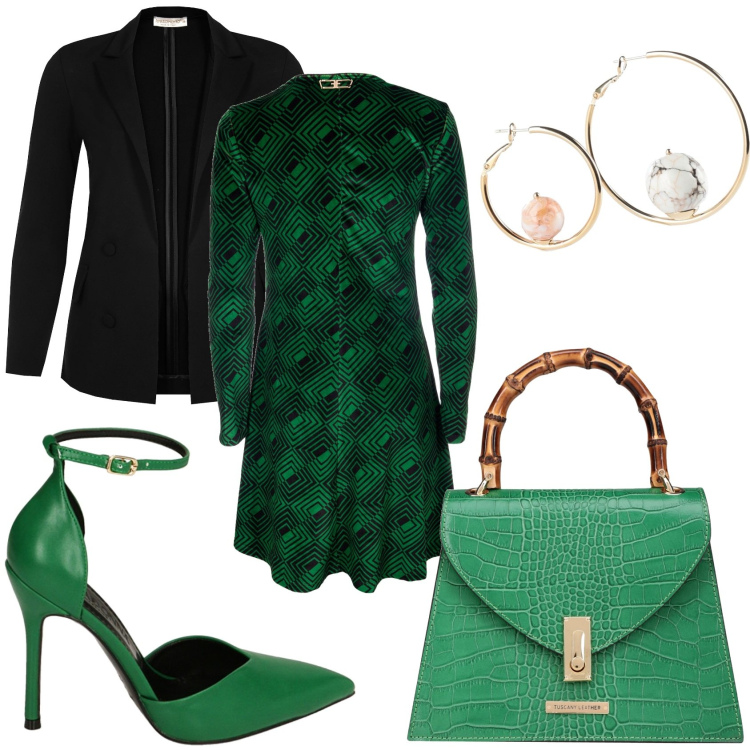 Outfit donna - Vestito fantasia nero e verde. Stile Trendy per Tutti i giorni. Abbinamento con borse a mano, orecchini, cappotti, vestiti, décolleté.