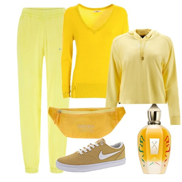 Outfit donna - Total look #1770547. Stile Sporty chic per Sport. Abbinamento con profumi, pantaloni, felpe con cappuccio, marsupi, maglieria, scarpe sportive.