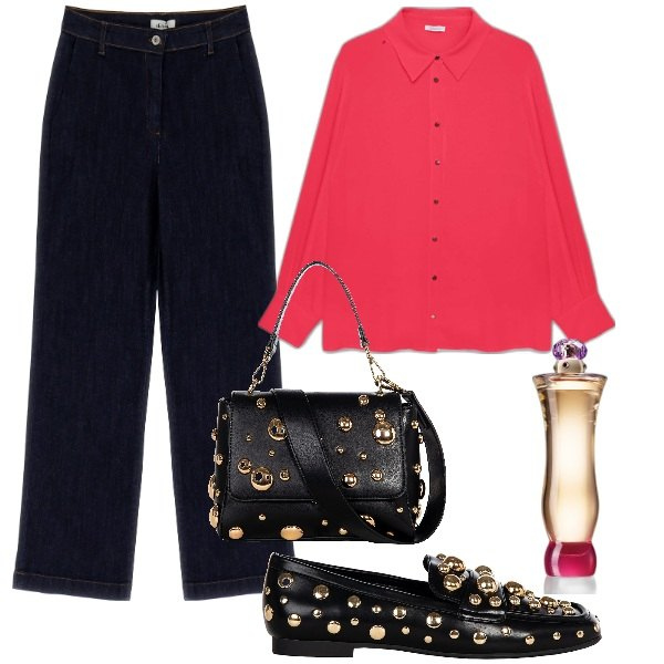 Outfit donna - Semplicità curvy. Stile Bon Ton per Ufficio. Abbinamento con borse a spalla, mocassini, profumi, jeans dritti, camicie.