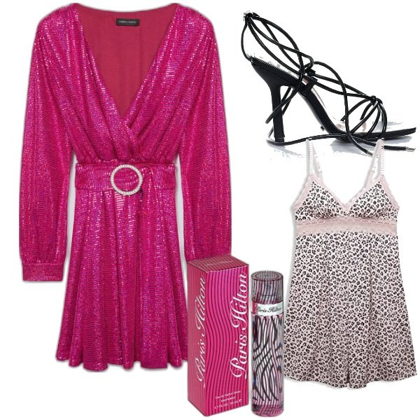 Outfit donna - Fiorella Rubino festosa. Stile Glamour per Serata fuori. Abbinamento con profumi, sandali alla schiava, vestiti corti, sottovesti.