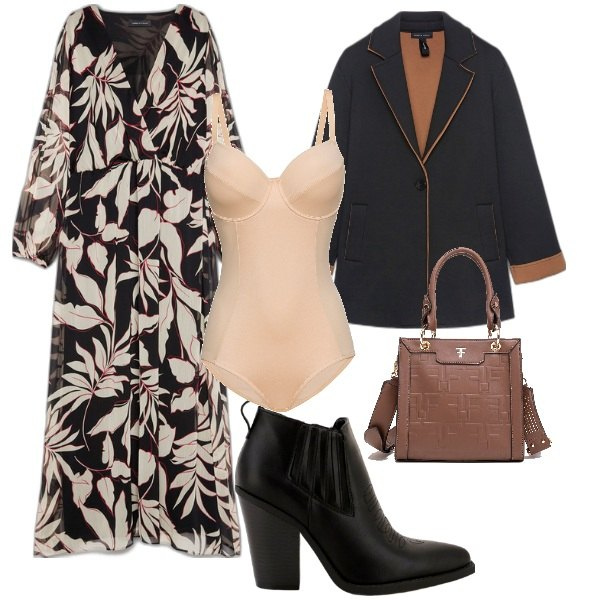 Outfit donna - Abito a fiori. Stile Romantica per Tutti i giorni. Abbinamento con body, borse tote, stivaletti, vestiti lunghi, blazer.