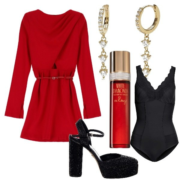 Outfit donna - Incroci di festa. Stile Trendy per Serata fuori. Abbinamento con body, profumi, orecchini, scarpe col tacco, vestiti corti.