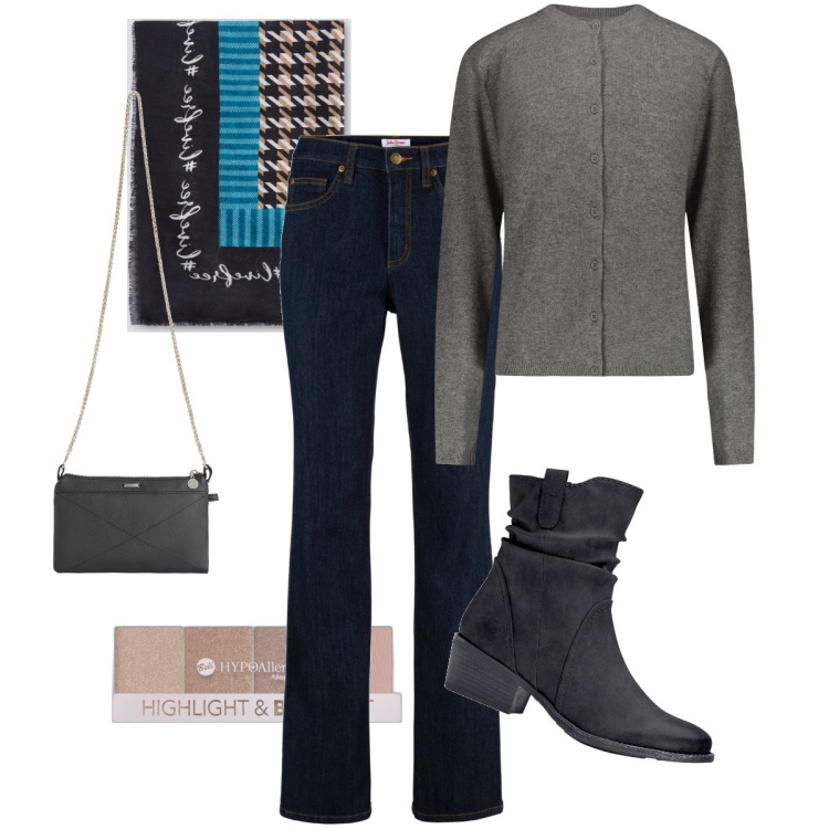 Outfit donna - Jeans blu notte. Stile Casual chic per Ufficio. Abbinamento con stivaletti texani, jeans, blush, clutch, foulard, cardigans.