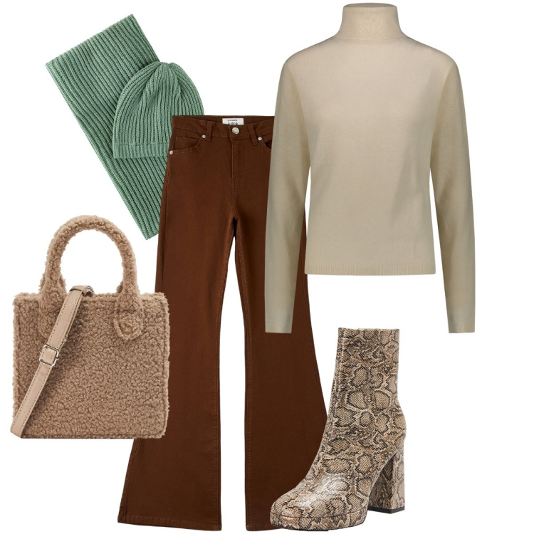 Outfit donna - Completo berretto e sciarpa. Stile Casual chic per Tutti i giorni. Abbinamento con foulard, pantaloni, stivaletti, shopping bag, pullovers.
