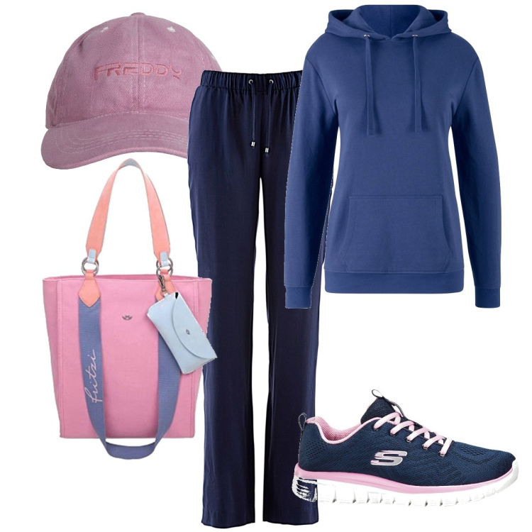 Outfit donna - Blu e rosa nello sport. Stile Sporty chic per Sport. Abbinamento con felpe con cappuccio, pantaloni, sneakers, cappelli, borse sportive.