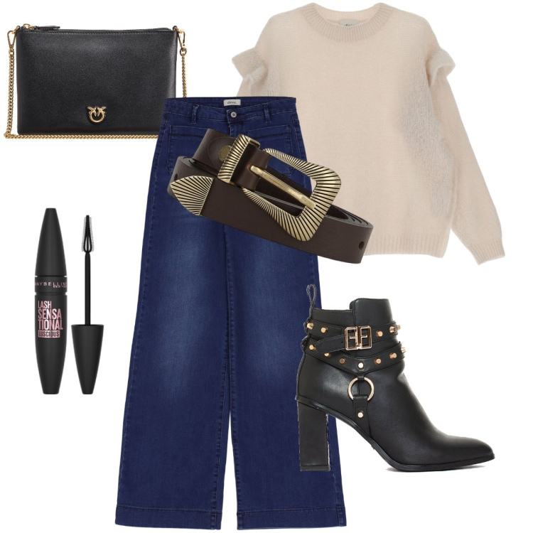Outfit donna - La cintura in cuoio. Stile Trendy per Serata fuori. Abbinamento con mascara, borse a tracolla, stivaletti, cinture, jeans, maglieria.