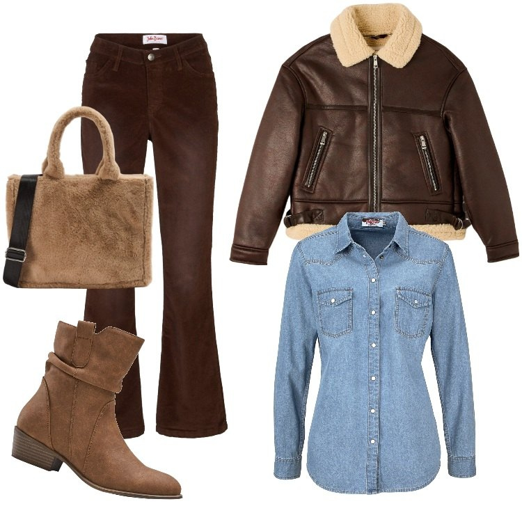 Outfit donna - Black Week - Novembre. Stile Trendy per Tutti i giorni. Abbinamento con camicie, pantaloni, stivaletti texani, shopping bag, ecopellicce.