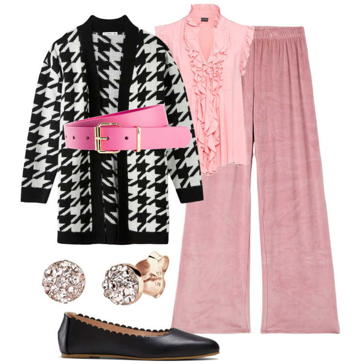 Outfit donna - Pink flamingo. Stile Glamour per Tutti i giorni. Abbinamento con cinture, maglieria, ballerine, pantaloni, cardigans, orecchini.