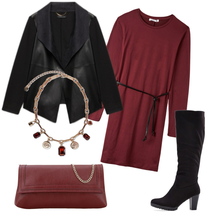 Outfit donna - Stasera. Stile Trendy per Serata fuori. Abbinamento con stivali, vestiti midi/longuette, pochette, blazer, collane.