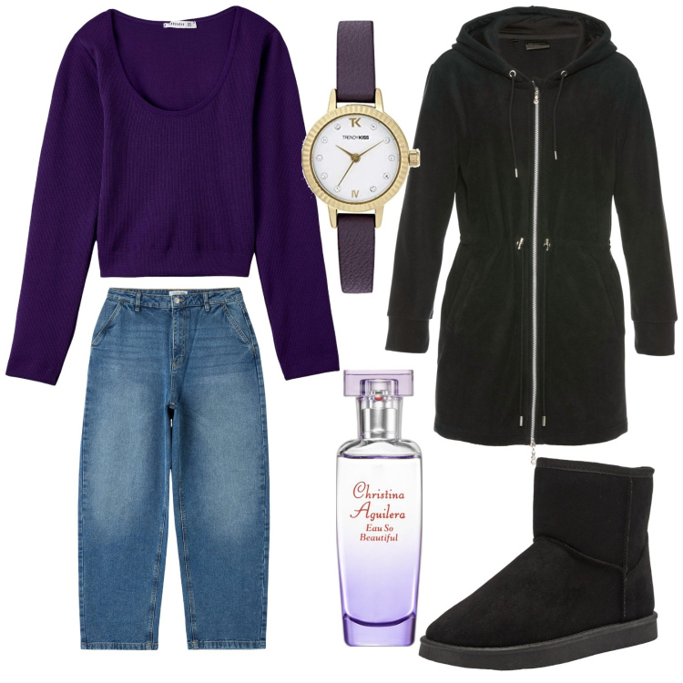 Outfit donna - Total look #1770648. Stile Casual per Tutti i giorni. Abbinamento con cappotti, profumi, t-shirt, stivali, jeans, orologi.