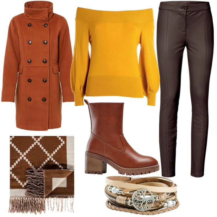 Outfit donna - Note d\'autunno. Stile Basic per Tutti i giorni. look ideale per Petite. Abbinamento con stivaletti, braccialetti, cappotti, pantaloni, sciarpe, maglieria.