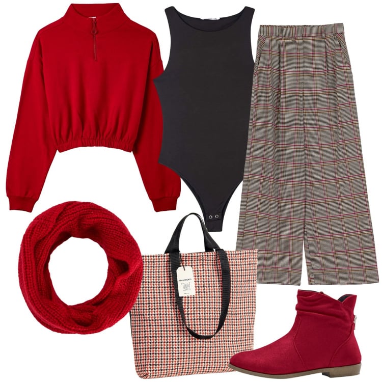 Outfit donna - Total look #1770664. Stile Casual per Tutti i giorni. Abbinamento con stivaletti, felpe, scaldacollo, body, borse tote, pantaloni a palazzo.