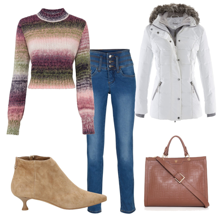 Outfit donna - Da mattina a sera. Stile Casual per Tutti i giorni. Abbinamento con piumini, jeans, maglieria, borse tote, stivaletti.