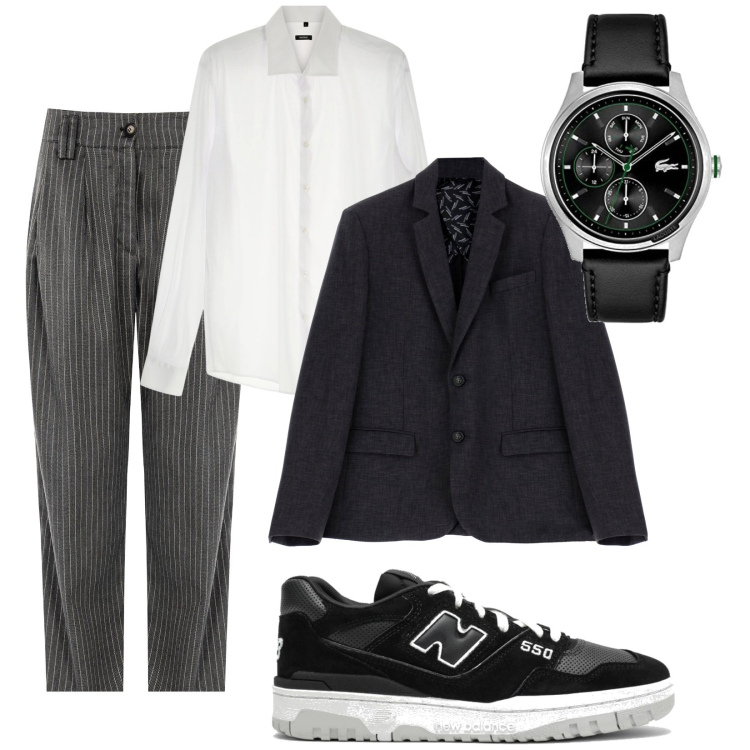 Outfit uomo - Pausa pranzo coi colleghi. Stile Business/Elegante Abbinamento con giacche, camicie, pantaloni a palazzo, sneakers, orologi analogici.