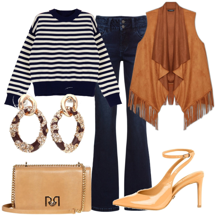 Outfit donna - In città. Stile Casual chic per Tutti i giorni. Abbinamento con jeans bootcut, décolleté, borse a tracolla, pullovers, orecchini, gilet.
