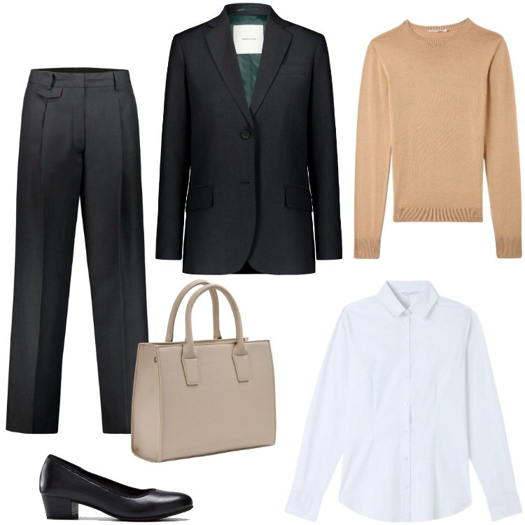 Outfit donna - Black Week - Novembre. Stile Mannish per Ufficio. Abbinamento con décolleté, maglieria, shopping bag, camicie, pantaloni, blazer.