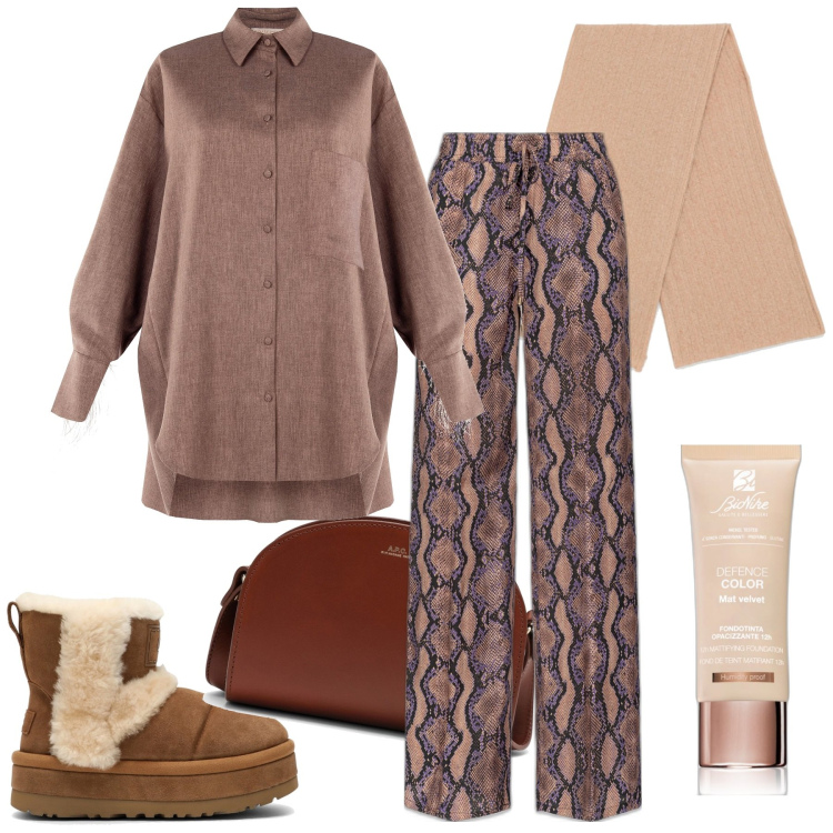 Outfit donna - Marron glacé. Stile Casual chic per Tutti i giorni. Abbinamento con fondotinta, pantaloni a palazzo, camicie, borse a tracolla, stivaletti, sciarpe.