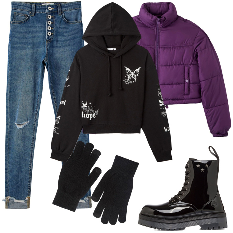 Outfit donna - Terranova, Trendy. Stile Trendy per Tutti i giorni. Abbinamento con jeans strappati, felpe con cappuccio, guanti, piumini, anfibi.