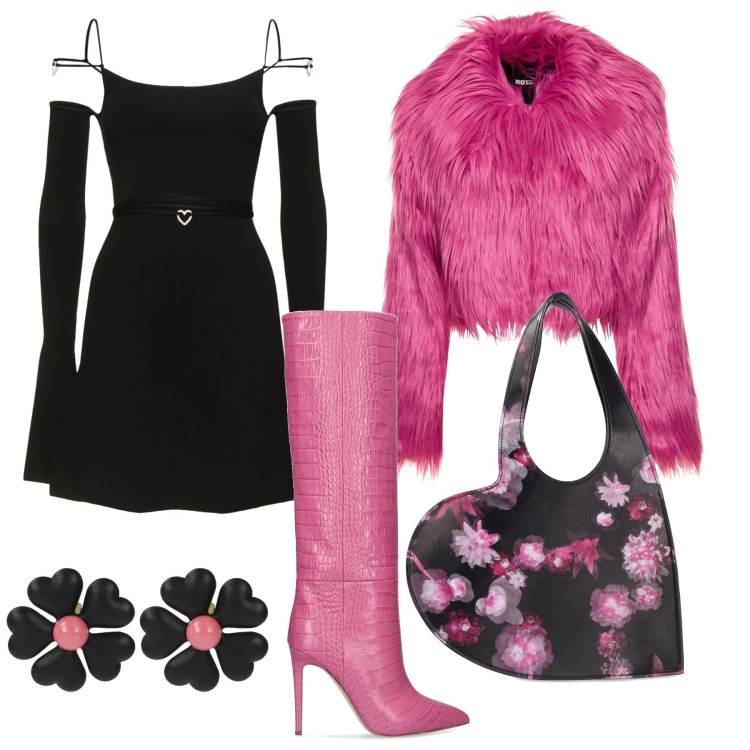 Outfit donna - Un po\' Barbie. Stile Glamour per Serata fuori. Abbinamento con cappotti, shopping bag, vestiti, stivali, orecchini.