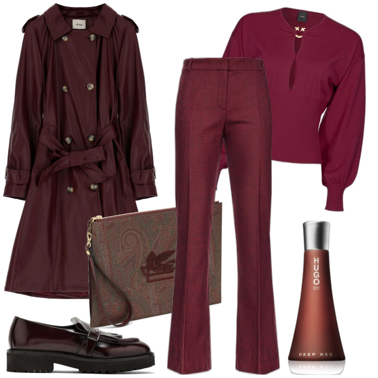 Outfit donna - Bordeaux. Stile Chic per Tutti i giorni. Abbinamento con profumi, pantaloni, maglieria, trench, mocassini, pochette.