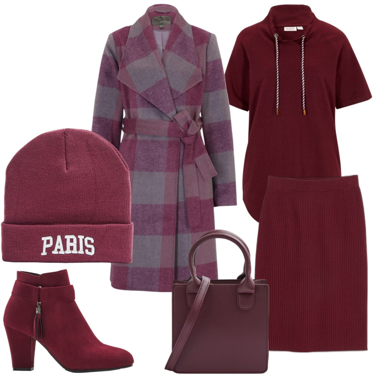 Outfit donna - Total look #1770777. Stile Casual per Tutti i giorni. Abbinamento con gonne, cappotti, felpe, stivaletti, shopping bag, berretti.