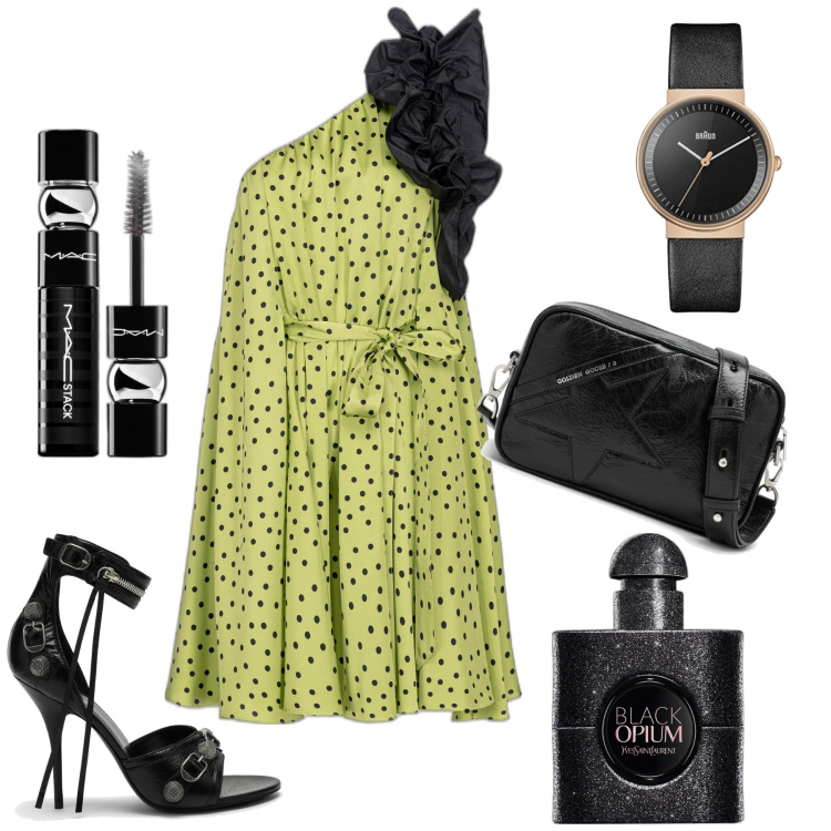 Outfit donna - Viaggio di nozze. Stile Chic per Tutti i giorni. Abbinamento con mascara, profumi, vestiti asimmetrici, sandali in pelle, orologi analogici, borse a tracolla.